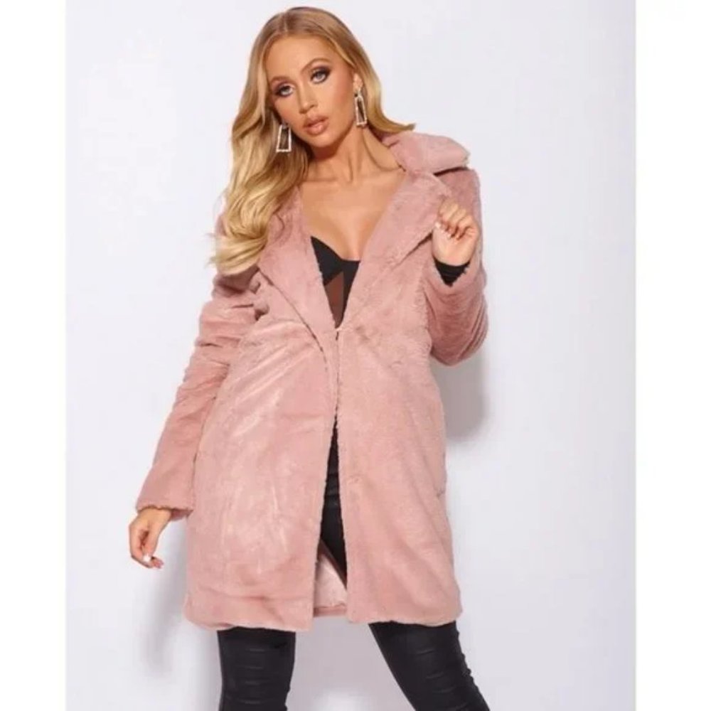 Pink Faux Fur Long Sleeve Lapel Collar Loose Fit Oversized Coat - Picture 12 of 17